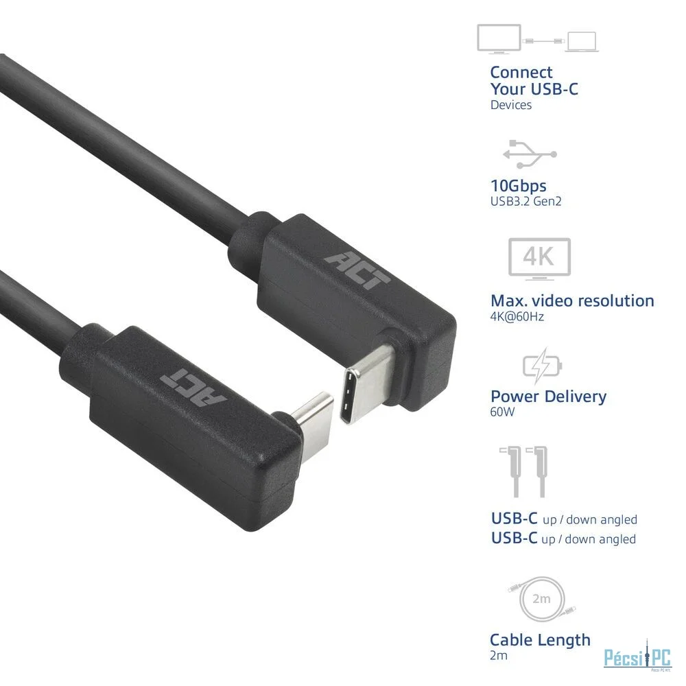 ACT USB 3.0 60W USB Type-C (up/down angled) to USB Type-C (up/down angled) 2m Black