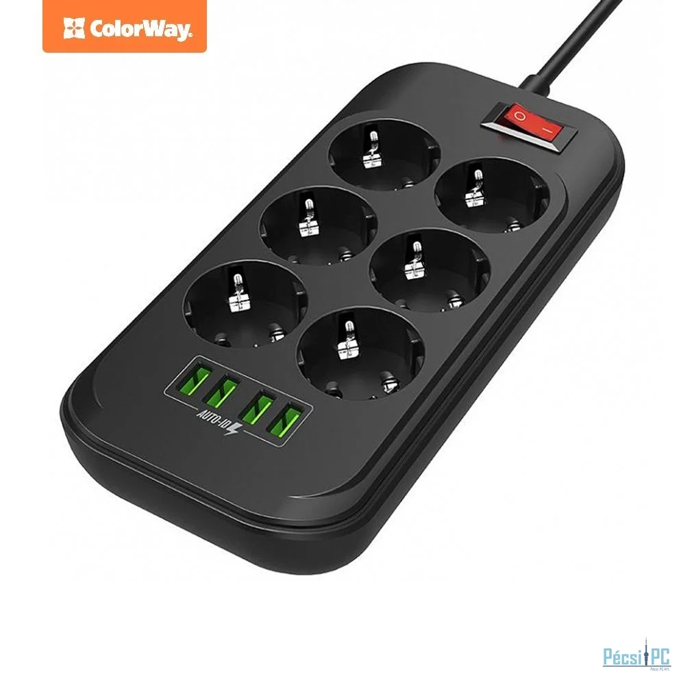 ColorWay Hálózati Elosztó Kapcsolóval 6DIN 2m Black