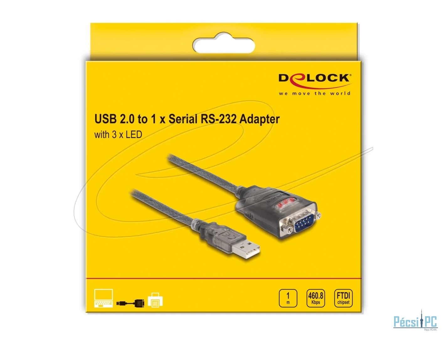 DeLock Adapter USB 2.0 Type-A to 1 x Serial RS-232 D-Sub 9 pin male with nuts with 3xLED 1m Black