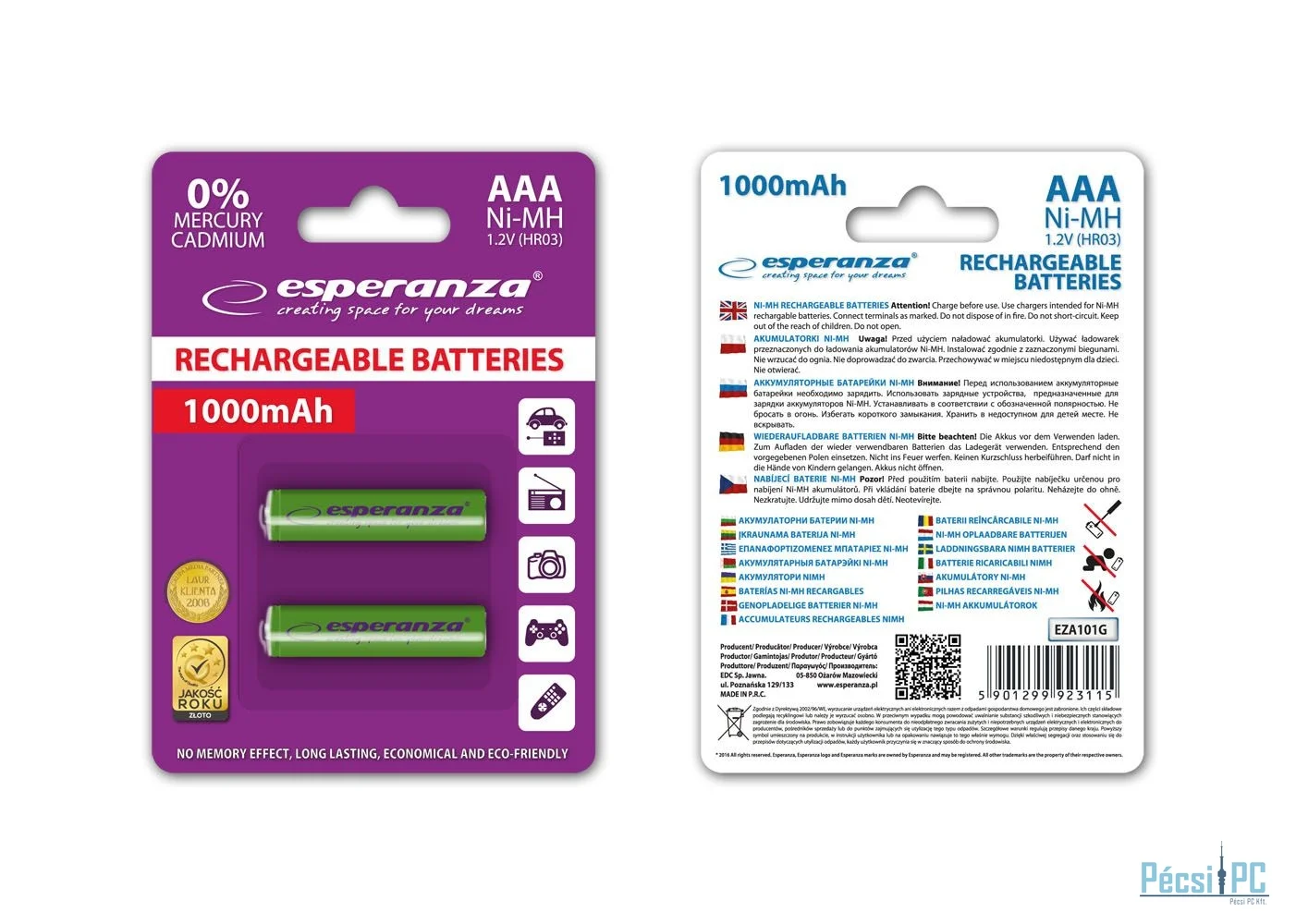 Esperanza 1000mAh AAA Ni-MH akkumulátor 2db/csomag Green