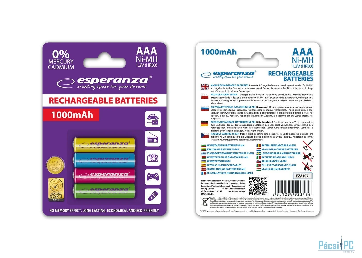 Esperanza 1000mAh AAA Ni-MH akkumulátor 4db/csomag Mix of Color