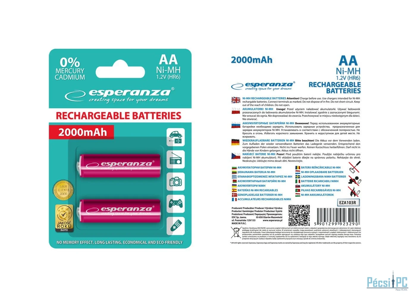 Esperanza 2000mAh AA Ni-MH akkumulátor 2db/csomag Red