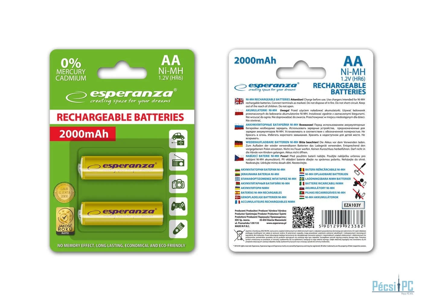 Esperanza 2000mAh AA Ni-MH akkumulátor 2db/csomag Yellow
