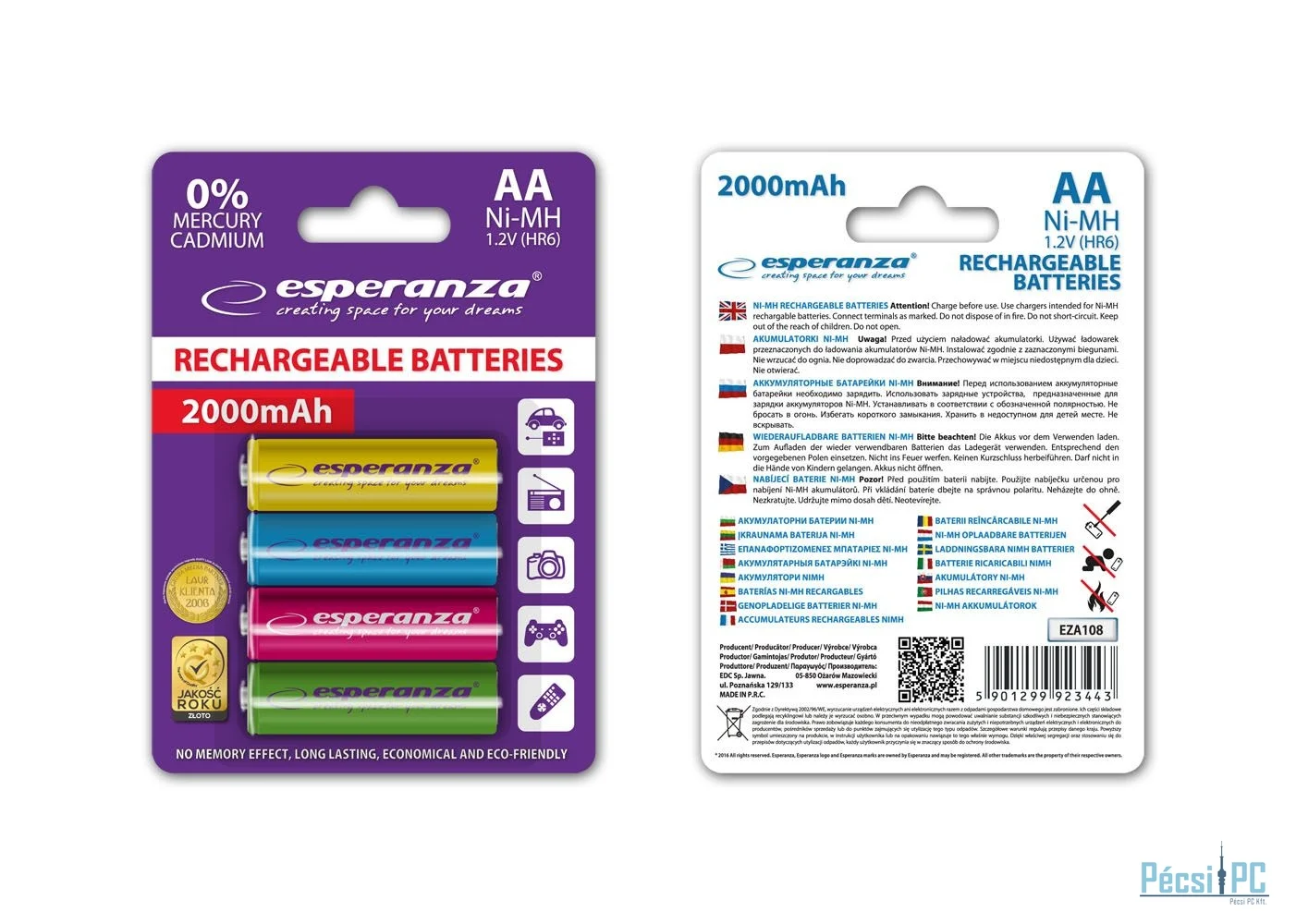 Esperanza 2000mAh AA Ni-MH akkumulátor 4db/csomag Mix of Color