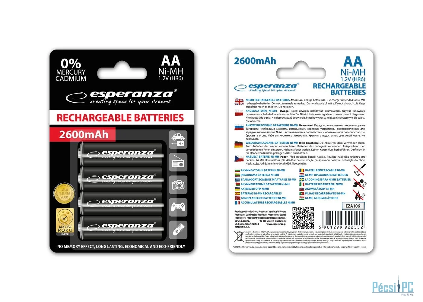 Esperanza 2600mAh AA Ni-MH akkumulátor 4db/csomag Black