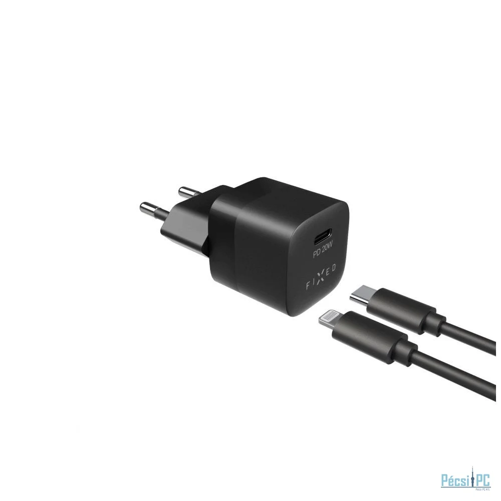 FIXED Mini hálózati töltőkészlet USB-C kimenettel és USB-C/Lightning kábellel 20W 1m, fekete