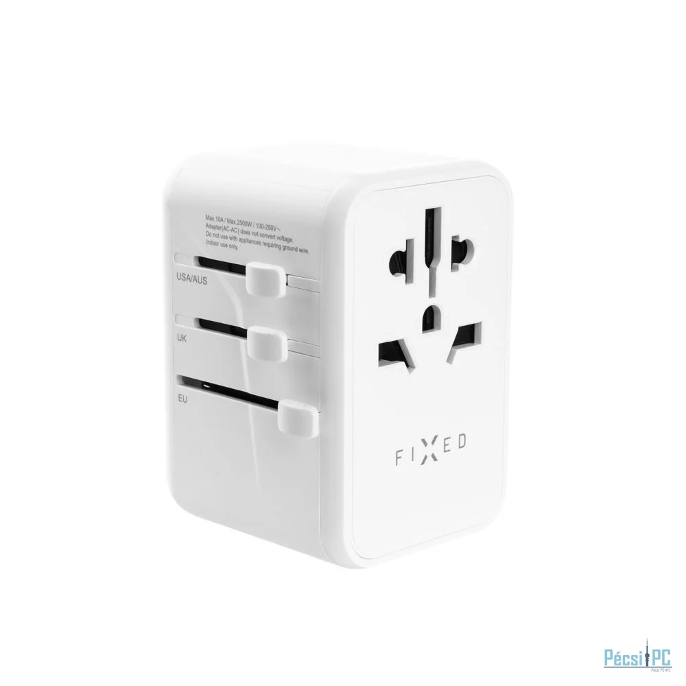 FIXED Utazóadapter EU, UK és USA/AUS számára 3xUSB-C és 2xUSB kimenettel, GaN PD 65W, fehér
