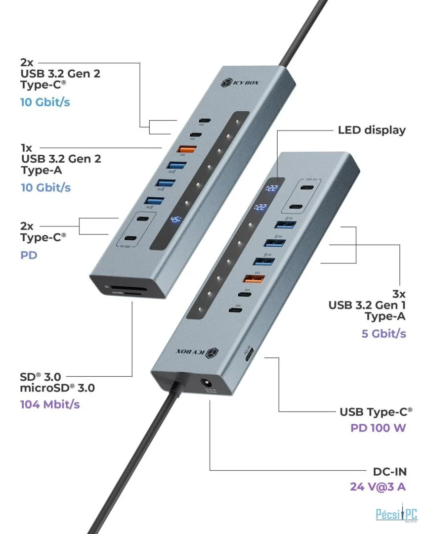 Raidsonic IcyBox IB-HUB1742CR-C2PD 11-portos USB3.2 HUB Black