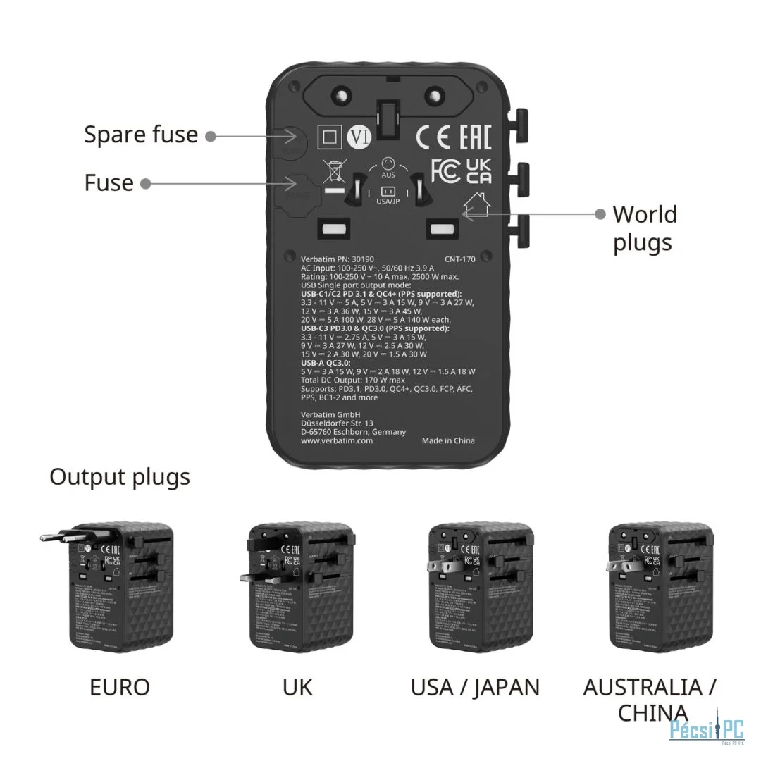 Verbatim Charge ''n'' Travel 170W GaN III Universal Travel Adapter