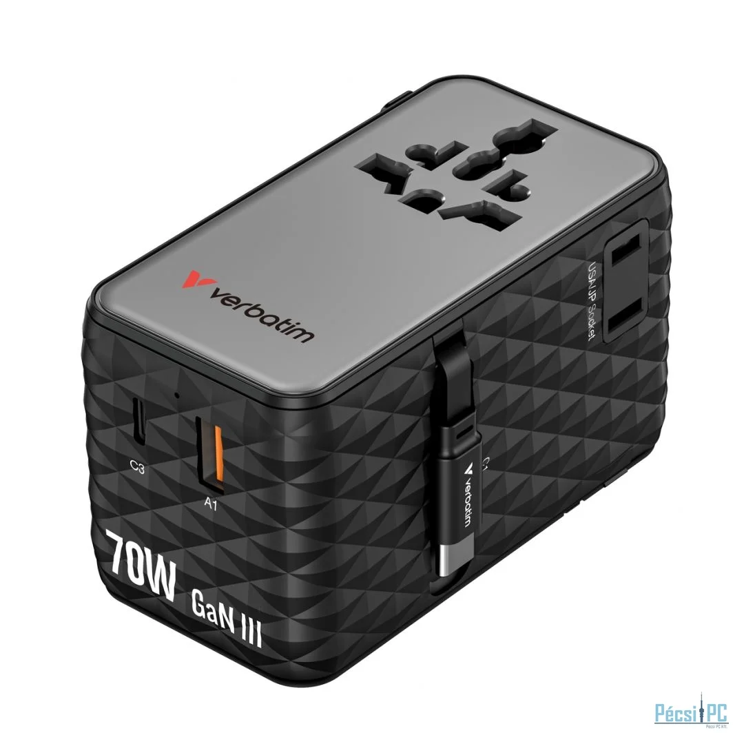 Verbatim Charge ''''n'''' Travel 70W GaN III Universal Travel Adapter with 2 Retractable USB-C Cables Black