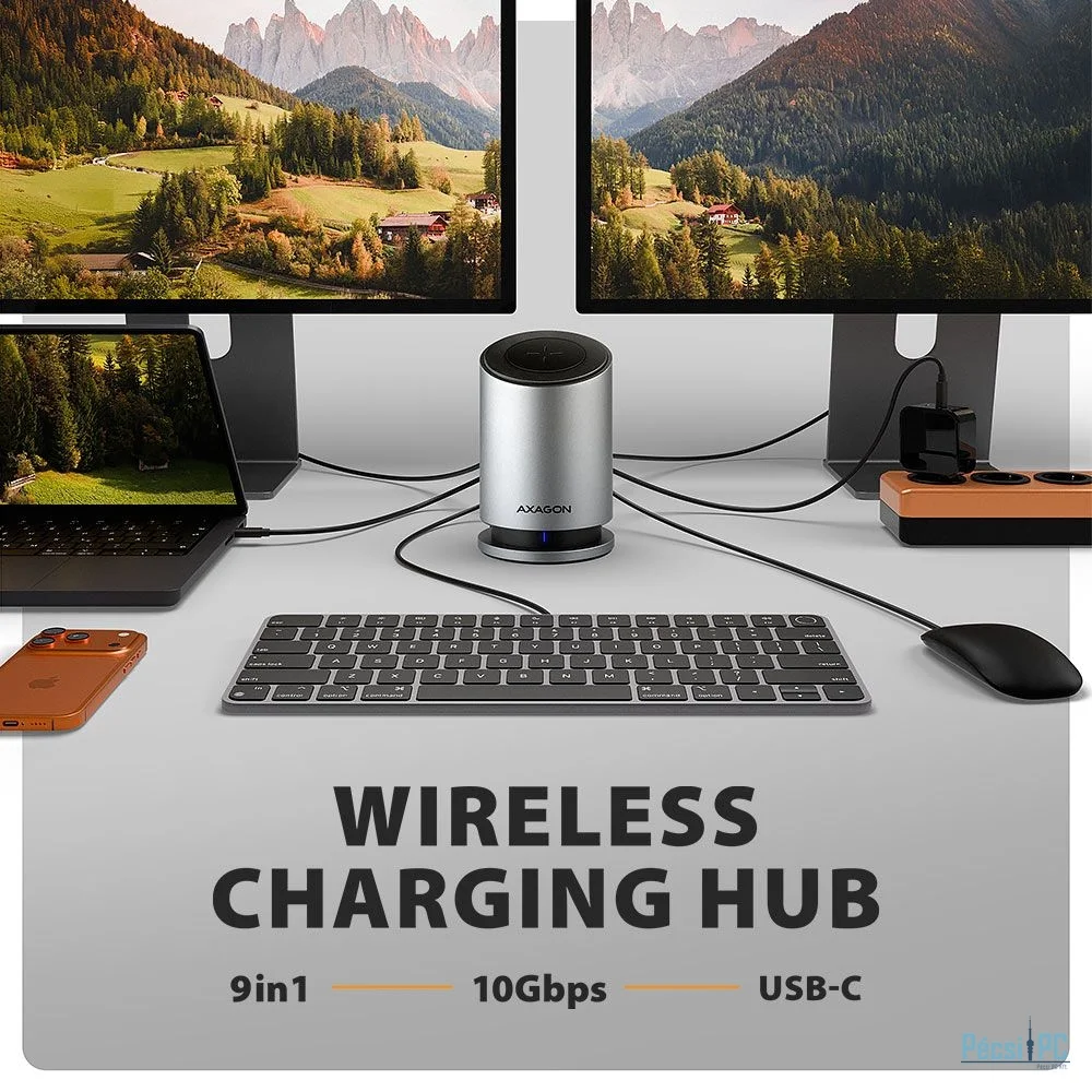 AXAGON HMC-WL9 9in1 hub USB-C 10 Gbps Wireless Charging  Grey