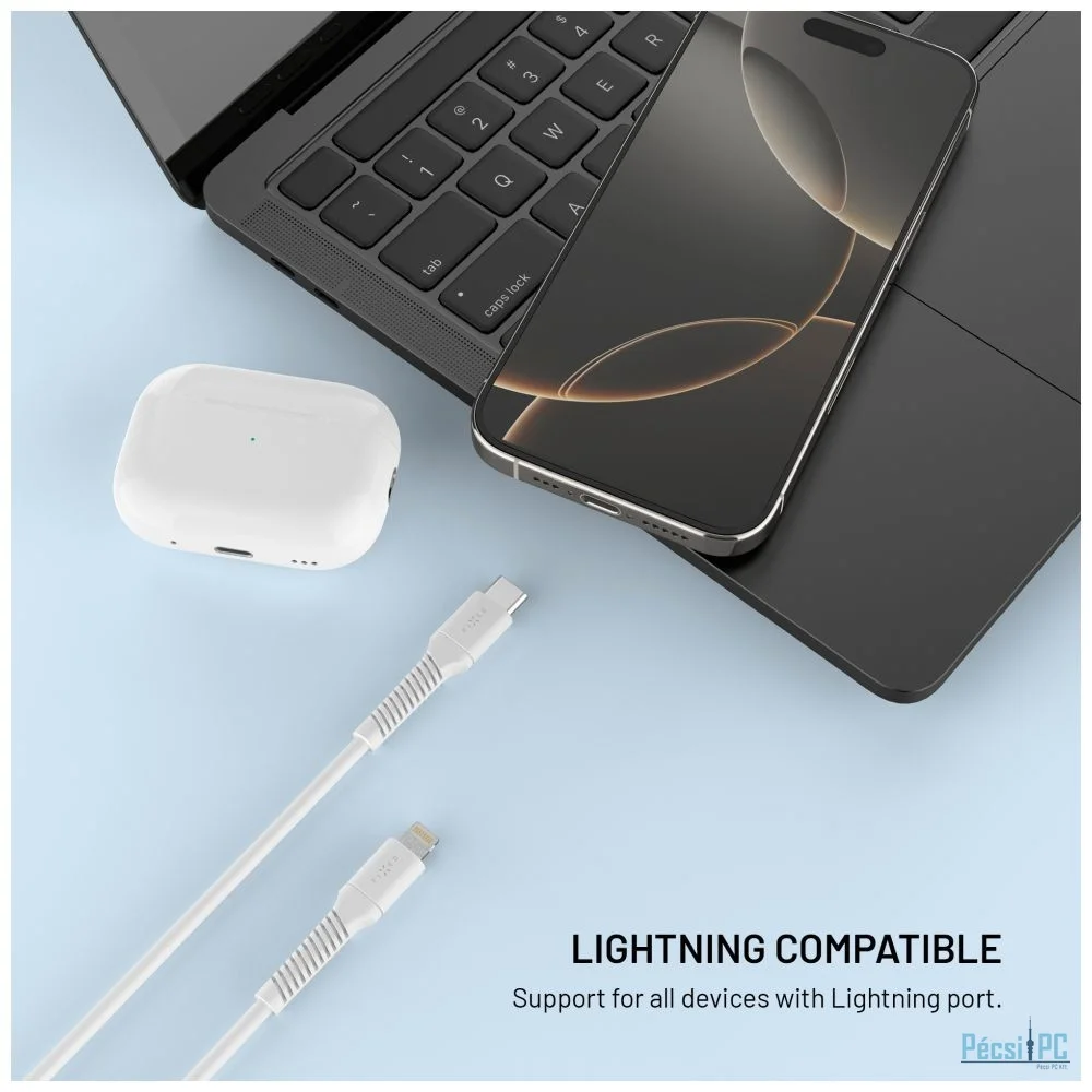 FIXED USB 2.0 hajlékony szilikon kábel USB-C/Lightning 1,2m, fehér