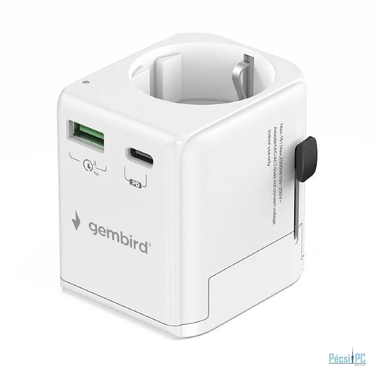 Gembird Grounded universal travel power adapter 20W White