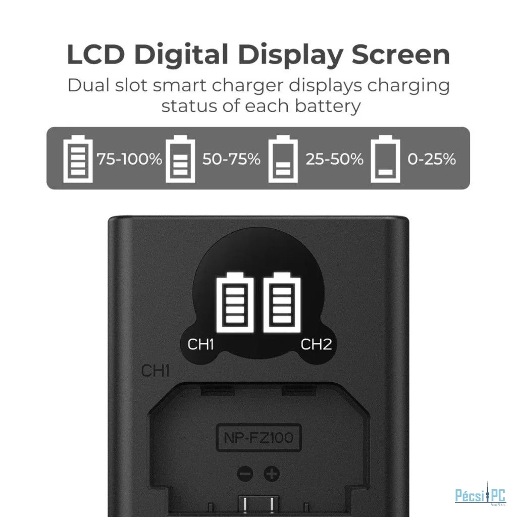 K&F Concept hordozható dupla BC-QZ1 akkumulátor töltő, LCD, USB-C, 2db FZ100 akkumulátorhoz