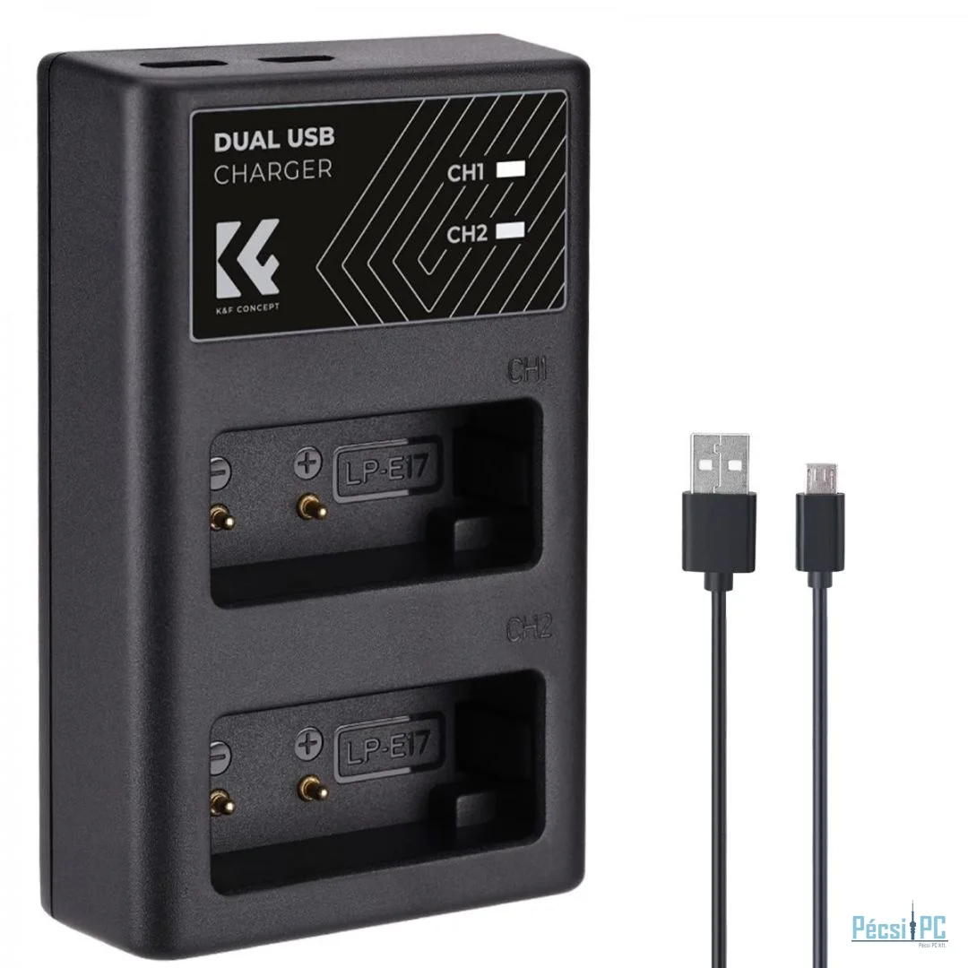 K&F Concept hordozható dupla LC-E17 akkumulátor töltő, USB-C, 2db LP-E17 akkumulátorhoz