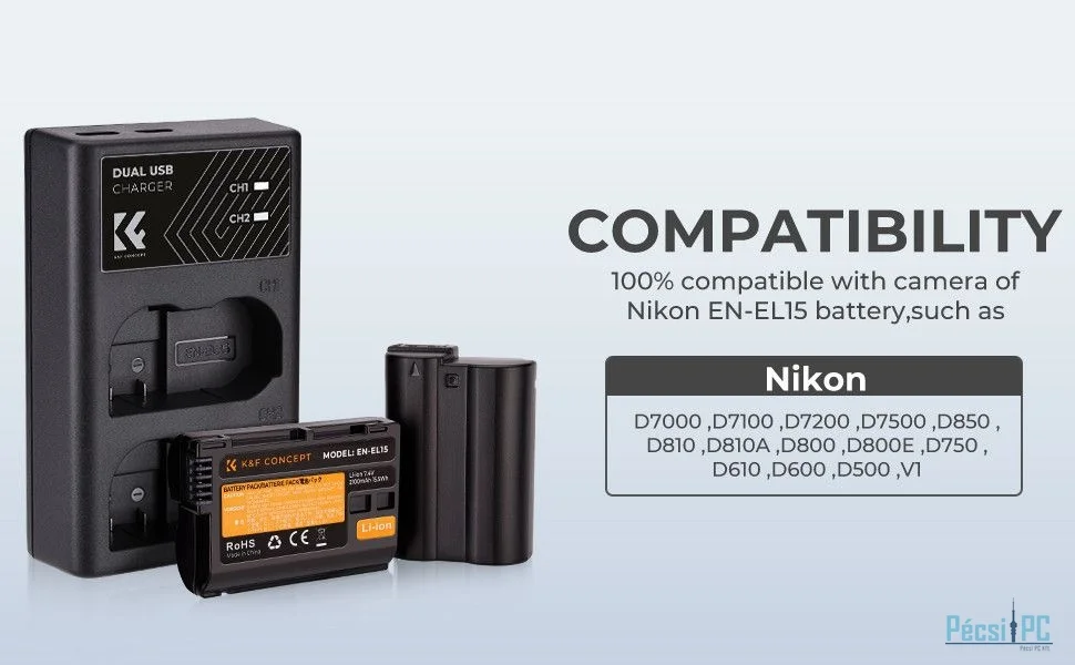 K&F Concept hordozható dupla MH-25 akkumulátor töltő, USB-C, 2db EN-EL15 akkumulátorhoz