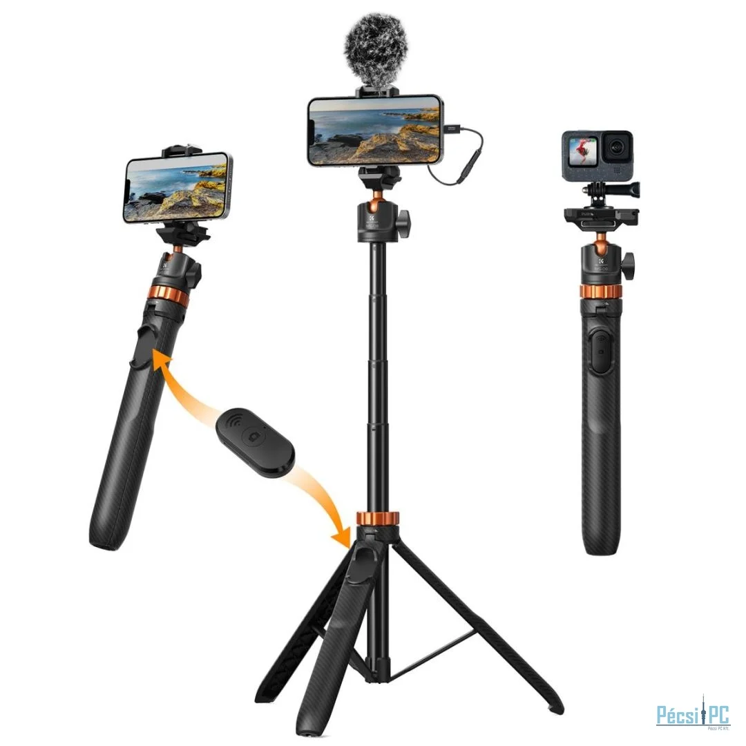 K&F Concept Tripod Phone Selfie Stick with Bluetooth Remote Control + Gopro Adapter Black/Orange