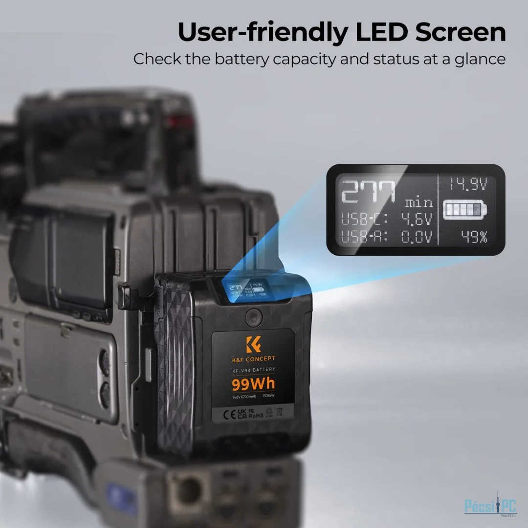 K&F Concept V-Mount akkumulátor, 99Wh, 14.8V, 6700mAH, PD65W, oled kijelző