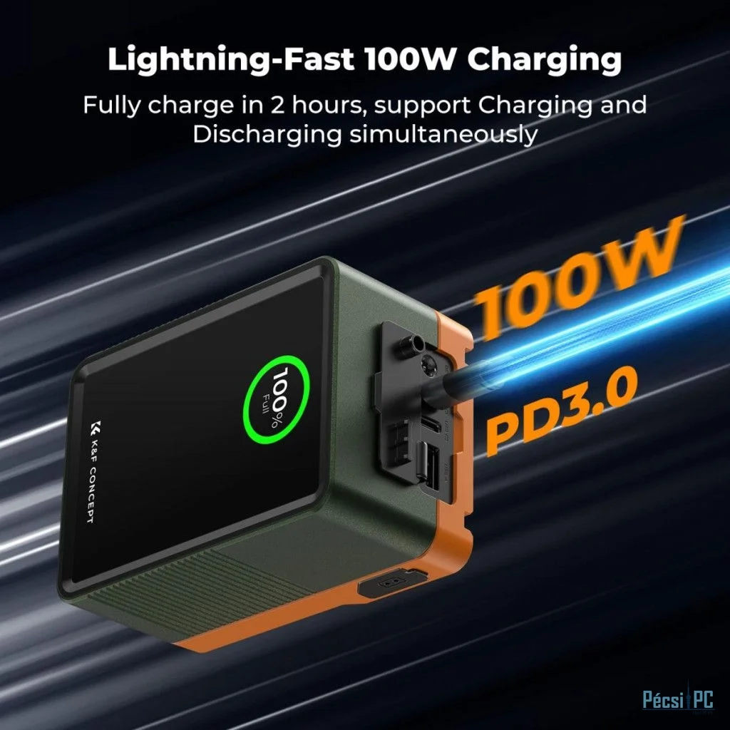 K&F Concept V-Mount Mini Pro akkumulátor, 99Wh, 14.8V, 6700mAH, 100W, BP, D-TAP, TFT kijelző, zöld