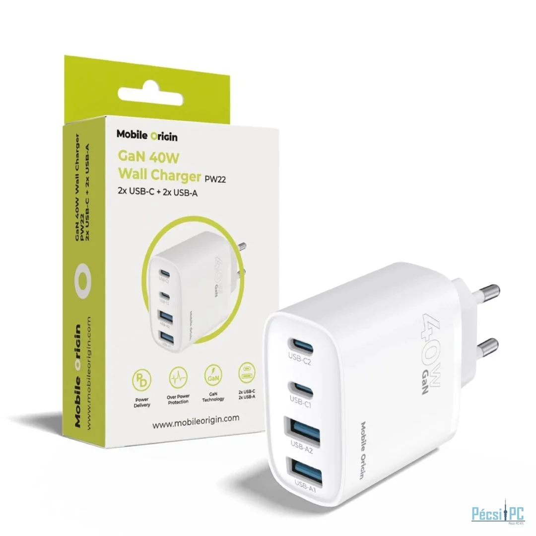 Mobile Origin 40W GaN Wall Charger PW22 2x USB-C+2x USB-A White