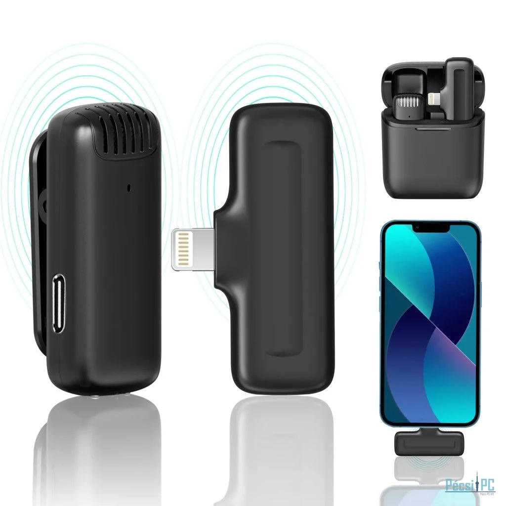 Ulanzi J11 vezeték nélküli Lavalier mikrofon, 1 mikrofon és 1 vevő, lighting csatlakozás, fekete