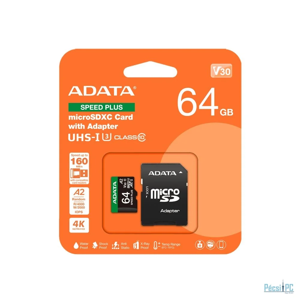 A-Data 64GB microSDXC Speed Plus Class 10 UHS-I U3 V30 + adapterrel