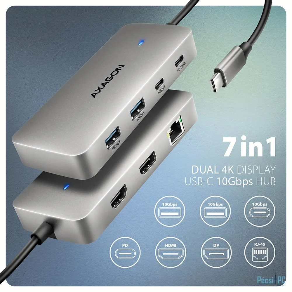 AXAGON HMC-CUB83X2 USB-C 10Gbps DUAL 4K DISPLAY 7in1 hub