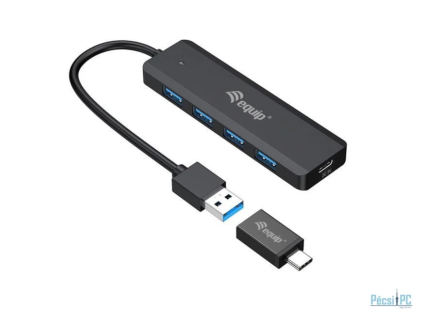EQuip 4-Port USB 3.2 Gen 1 Hub with USB-C Adapter Black