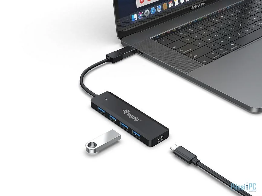 EQuip 4-Port USB 3.2 Gen 1 Hub with USB-C Adapter Black