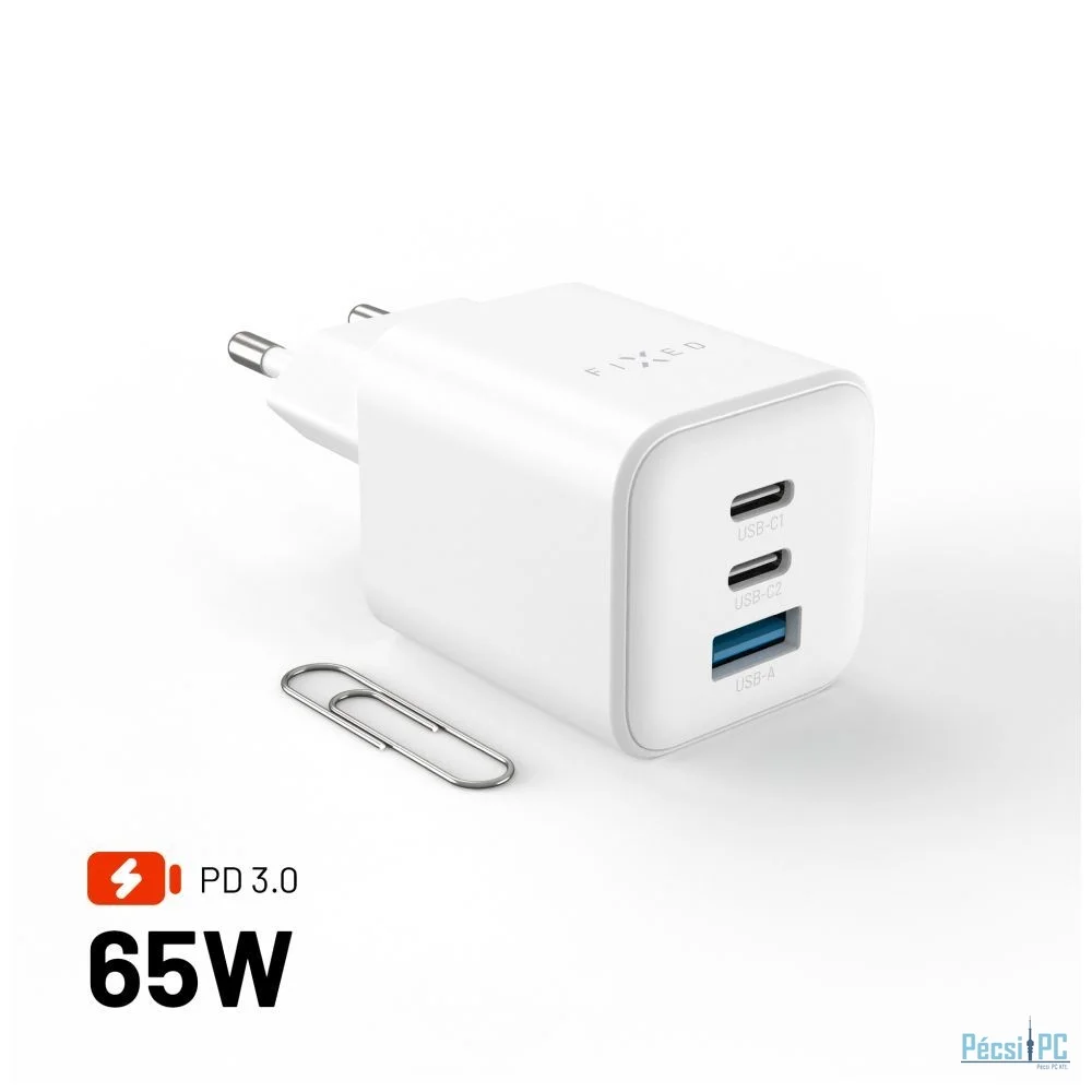 FIXED Mini 2x USB-C, USB-A GaN töltő adapter 65W, fehér