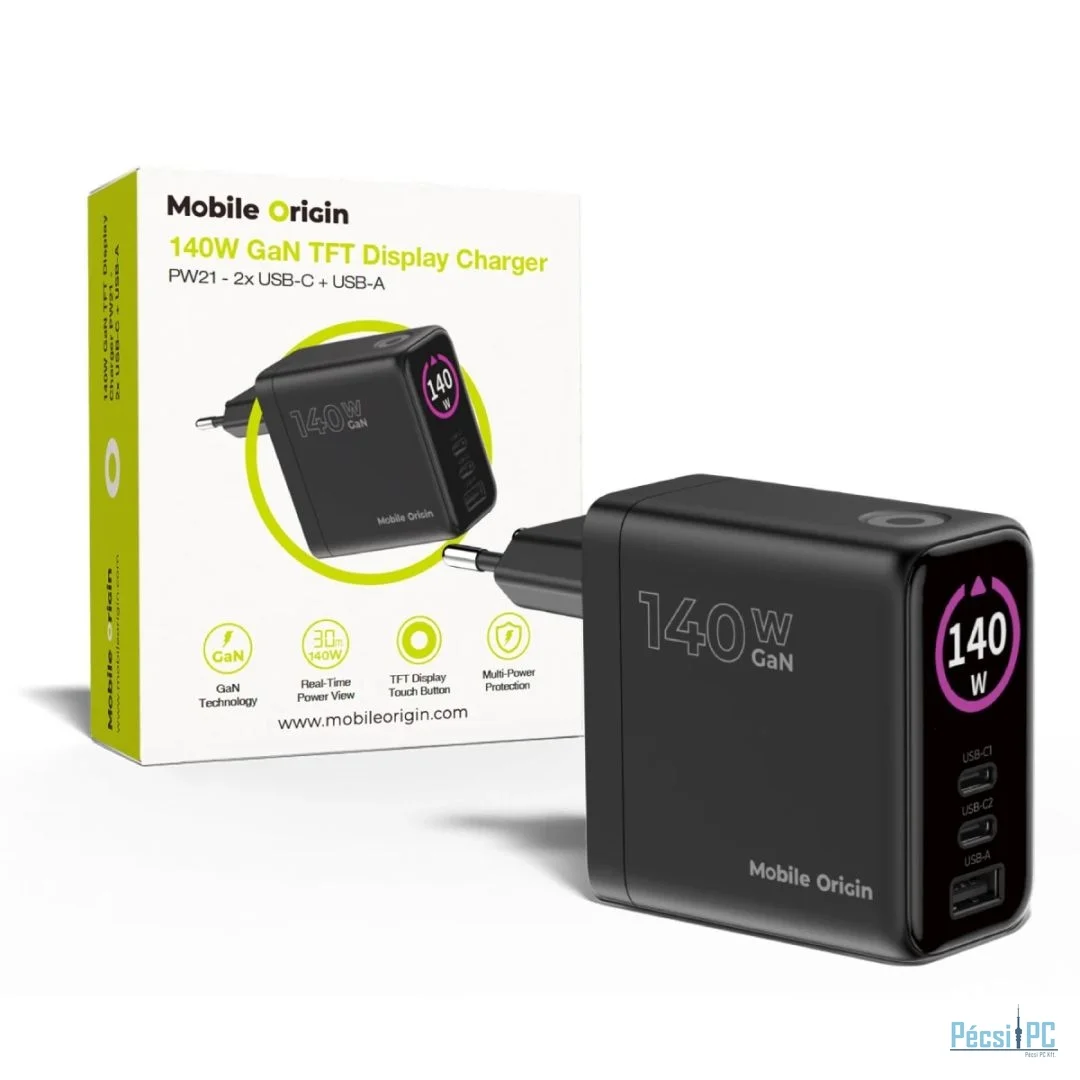 Mobile Origin 140W GaN Display Charger PW21 2x USB-C+USB-A Black