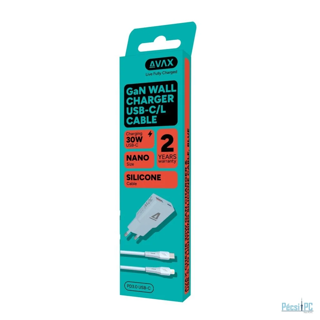 Avax CH6416 GaN charger with USBC-C to Lightning cable Blue