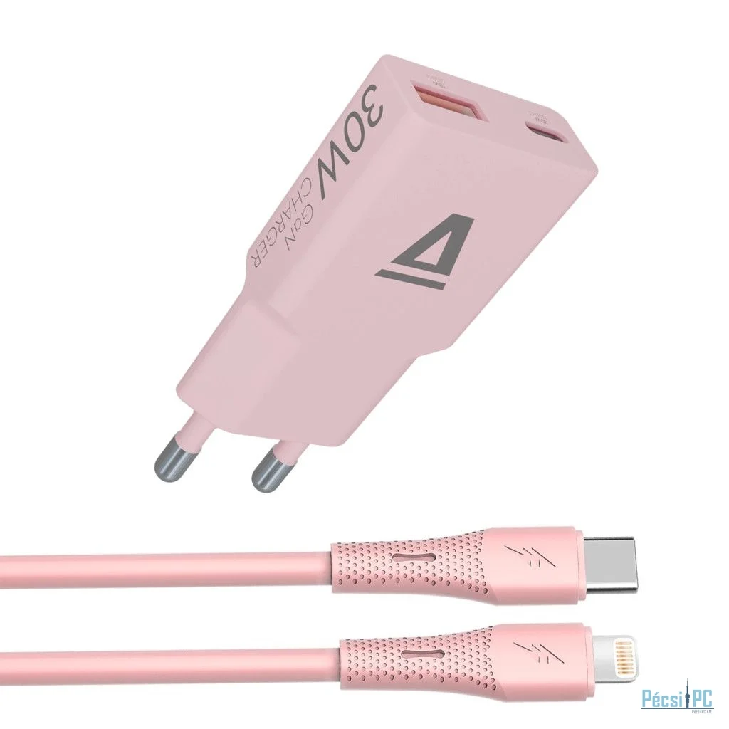 Avax CH6418 GaN charger with USBC-C to Lightning cable Pink