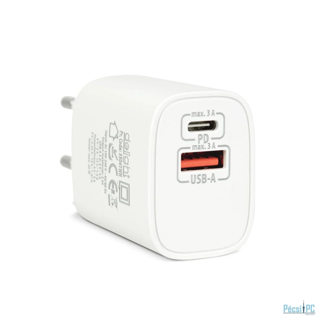 Delight USB Type-C + USB A PD20W Fast charger 20W White