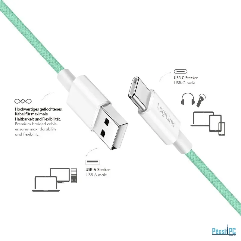Logilink USB-A to USB-C male/male cable 0,5m Green