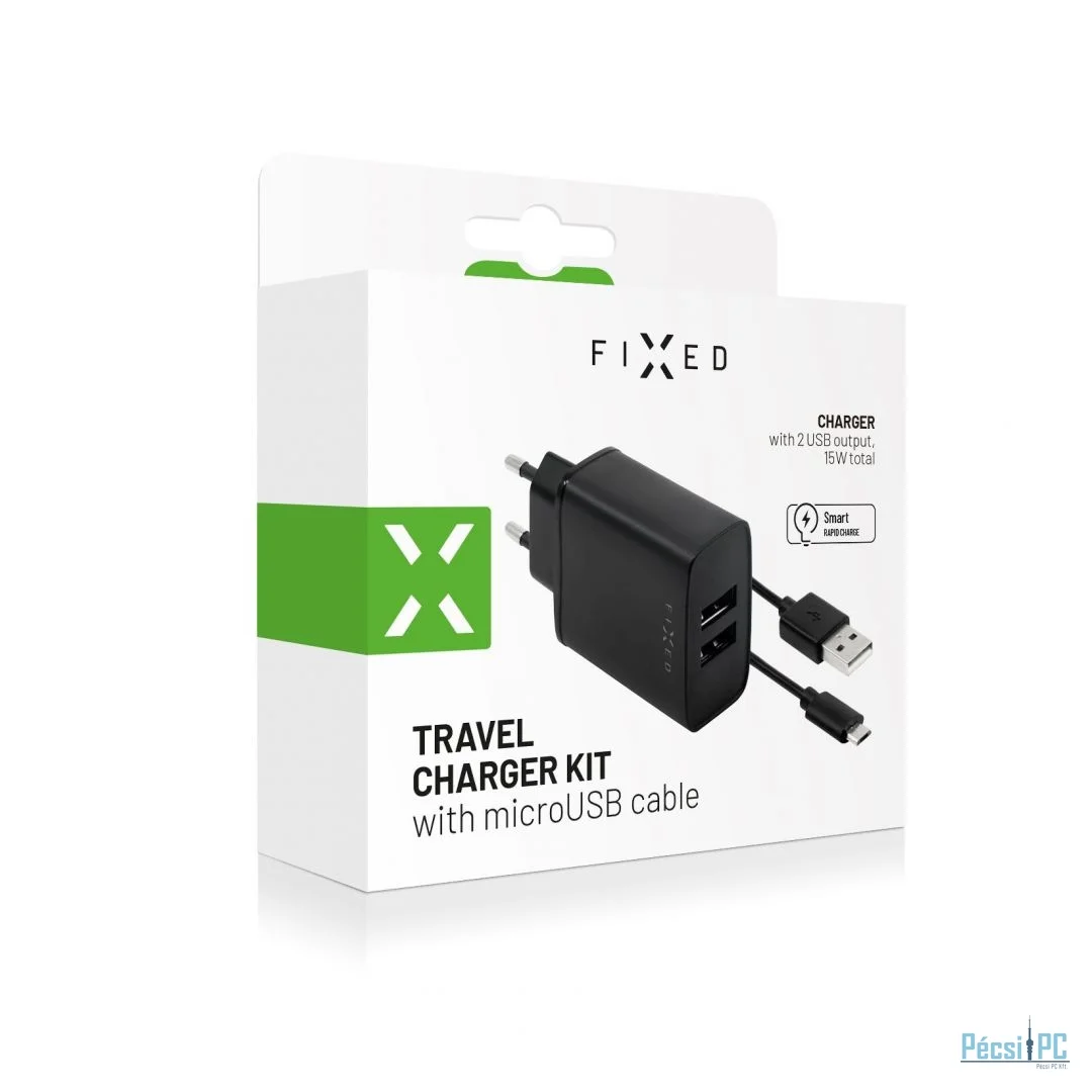 FIXED otthoni hálózati USB töltő készlet, 2 db USB kimenet,  USB/micro USB 1 méteres kábel, 15W Smart gyors töltés, fekete