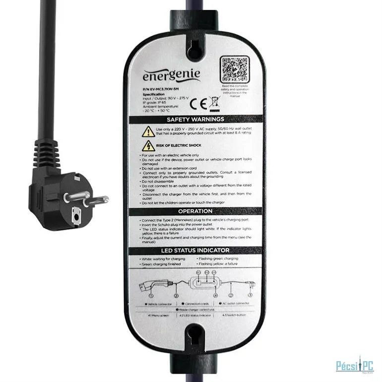 Gembird Mobile EV Charger Schuko to Type 2, 16A 1-phase (3.7 KW) 10m Black