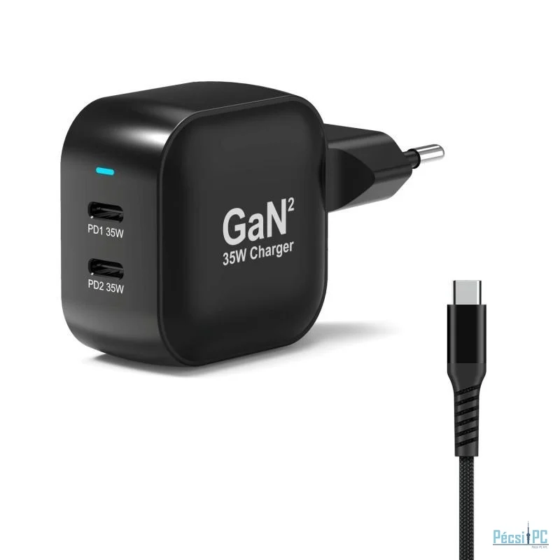 Port Designs GaN2 PD 35W Wall Charger with 2M USB-C cable Black