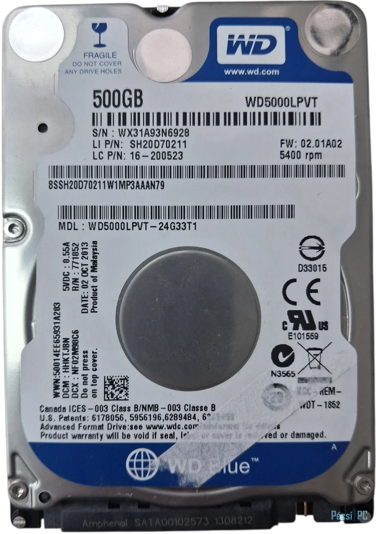 Használt Western Digital 500GB 5400rpm SATA-300 2,5" 8MB 7mm Scorpio Blue WD5000LPVT