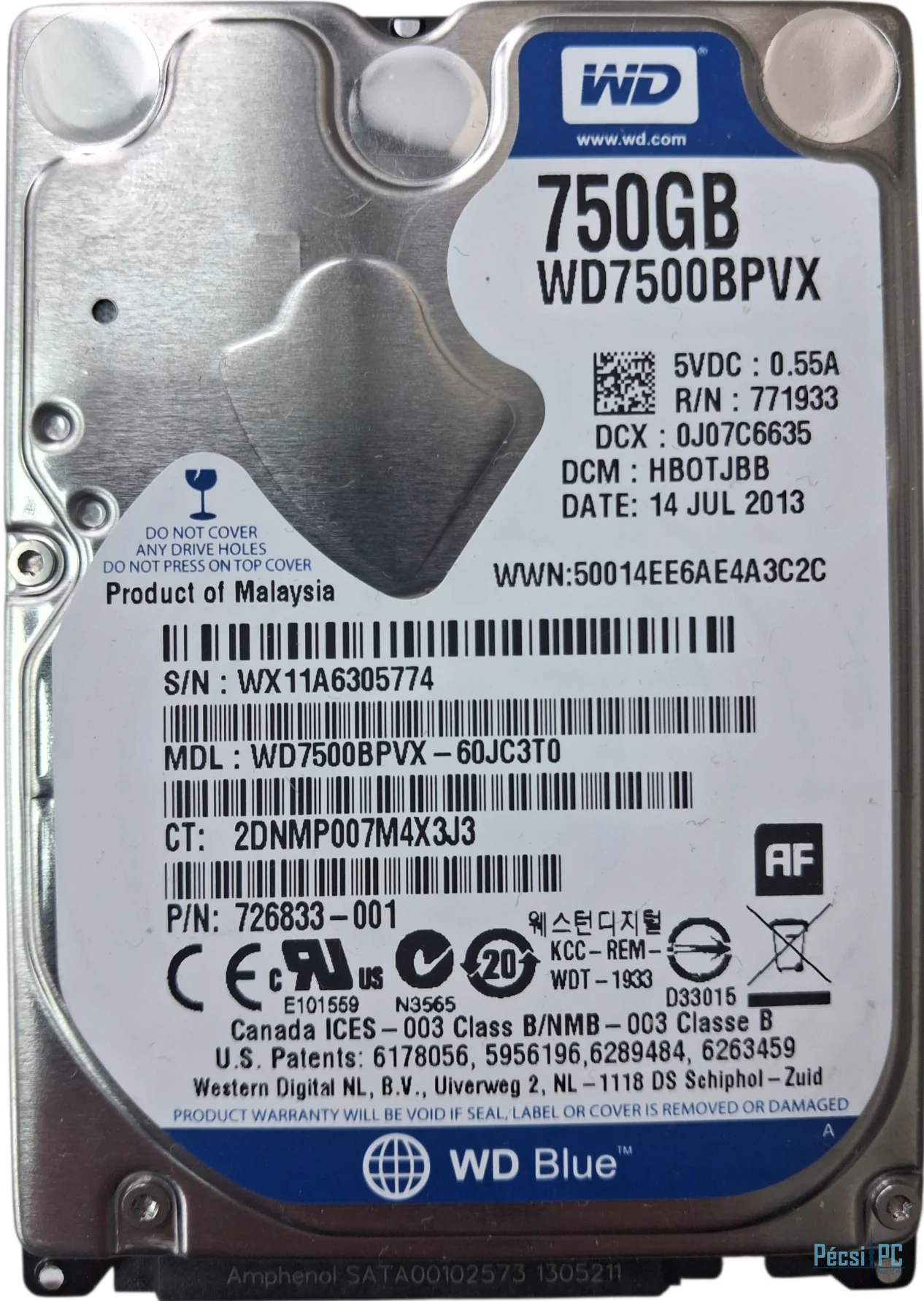 Használt Western Digital 750GB 5400rpm SATA-600 2,5" 8MB 9.5mm Scorpio Blue WD7500BPVX