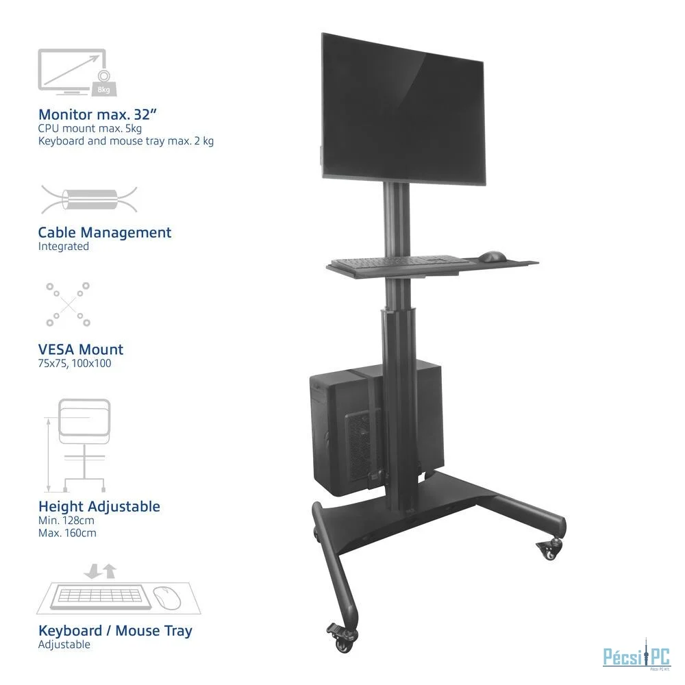 ACT Mobile Workstation for a single monitor with CPU mount keyboard and mouse tray Black
