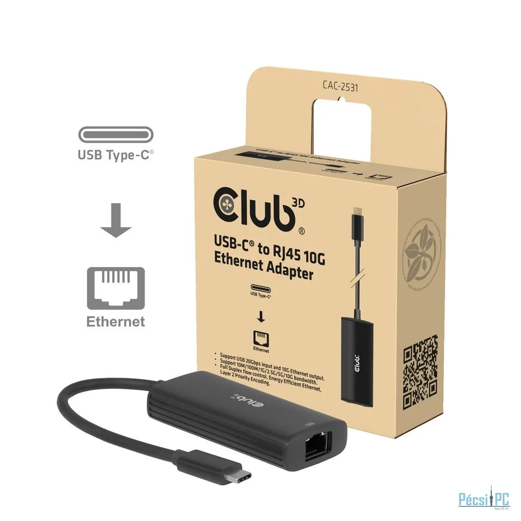 Club3D USB‑C to RJ45 10G Ethernet Black