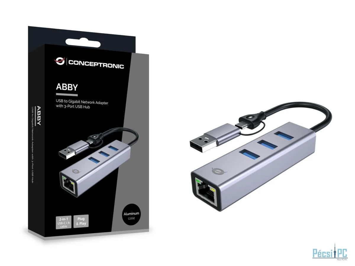 Conceptronic  ABBY25G USB-C to Gigabit Network Adapter with 3-Port USB Hub