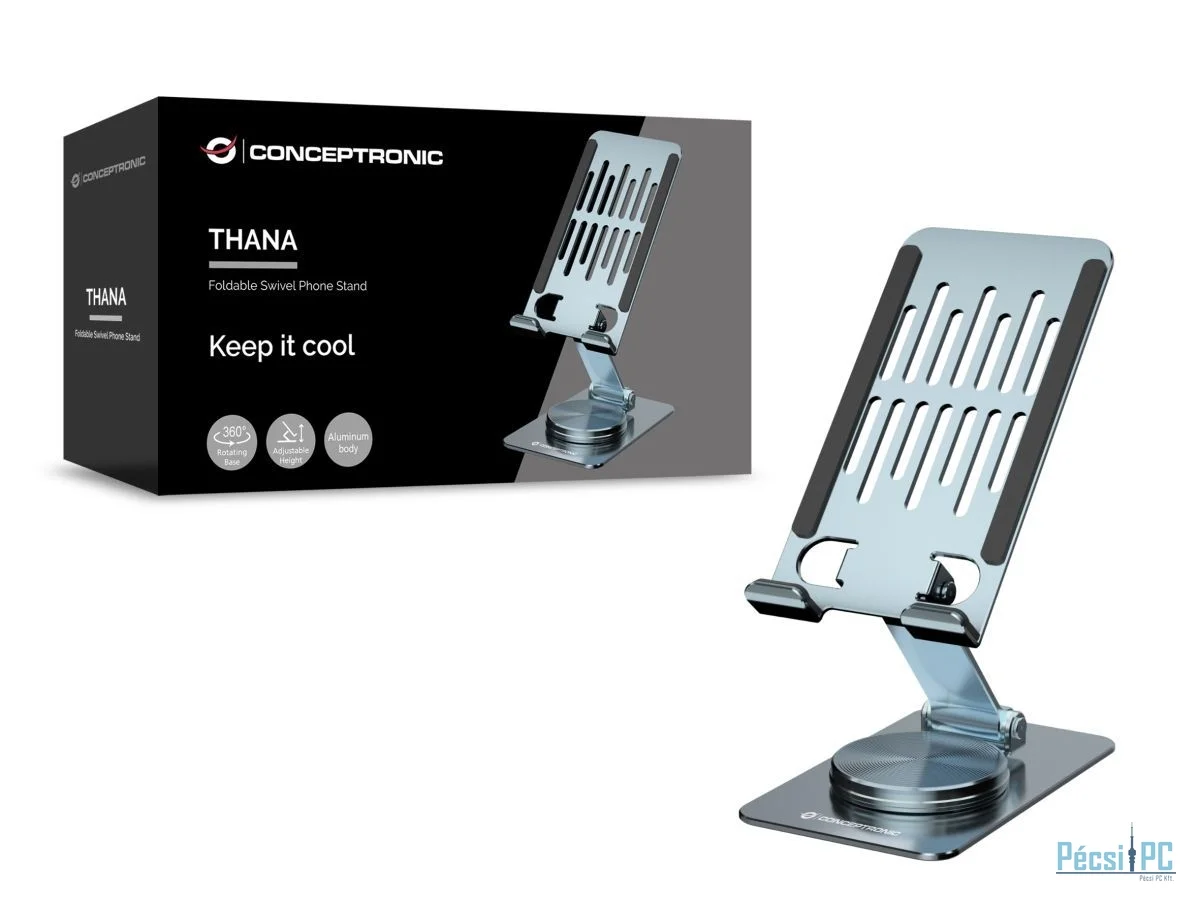 Conceptronic  THANA08G Foldable Swivel Phone Stand 360° Rotating Base Adjustable Height Grey