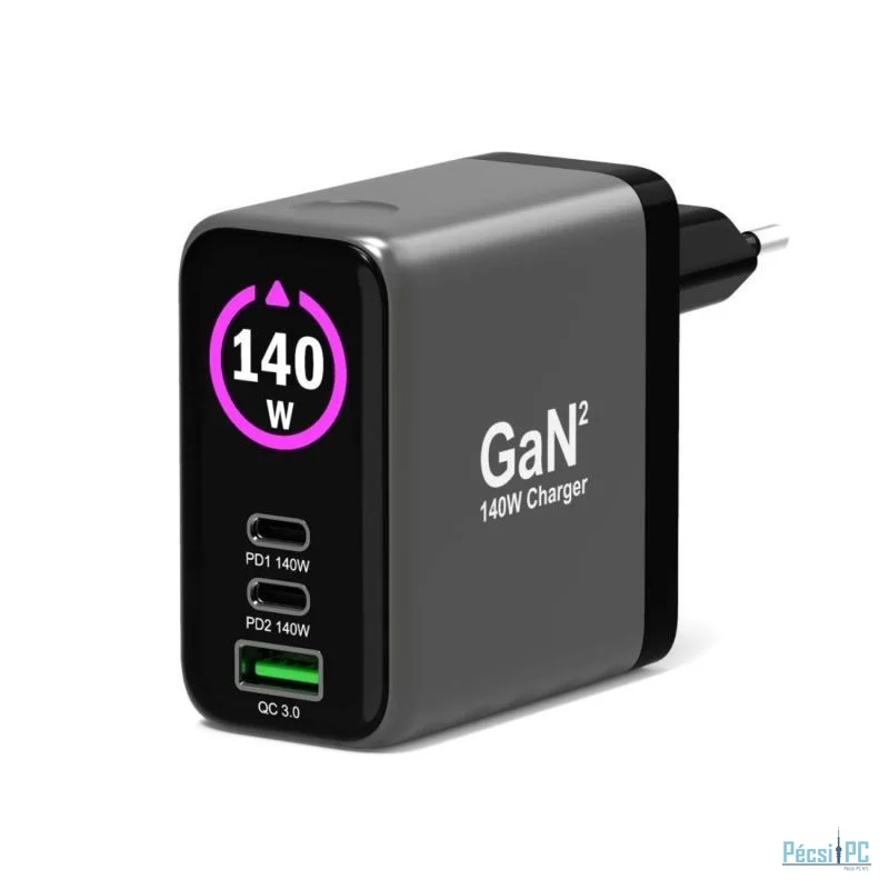 Port Designs GaN² wall charger 140W PD 3.1 OLED screen with 2M USB-C cable