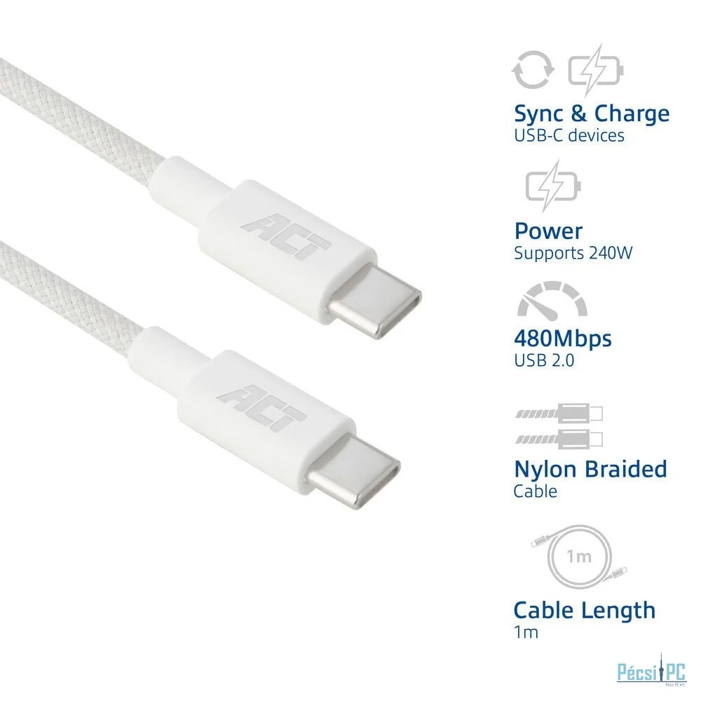 ACT USB 2.0 240W charging/data cable USB-C to USB-C 1m White