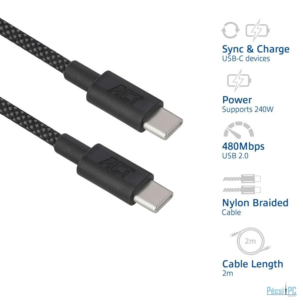 ACT USB 2.0 240W charging/data cable USB-C to USB-C 2m Black