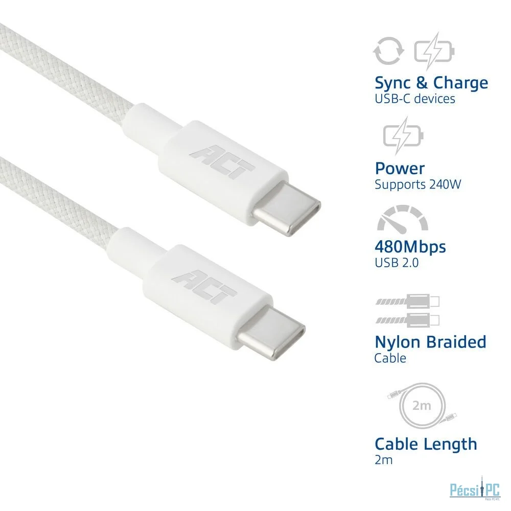 ACT USB 2.0 240W charging/data cable USB-C to USB-C 2m White