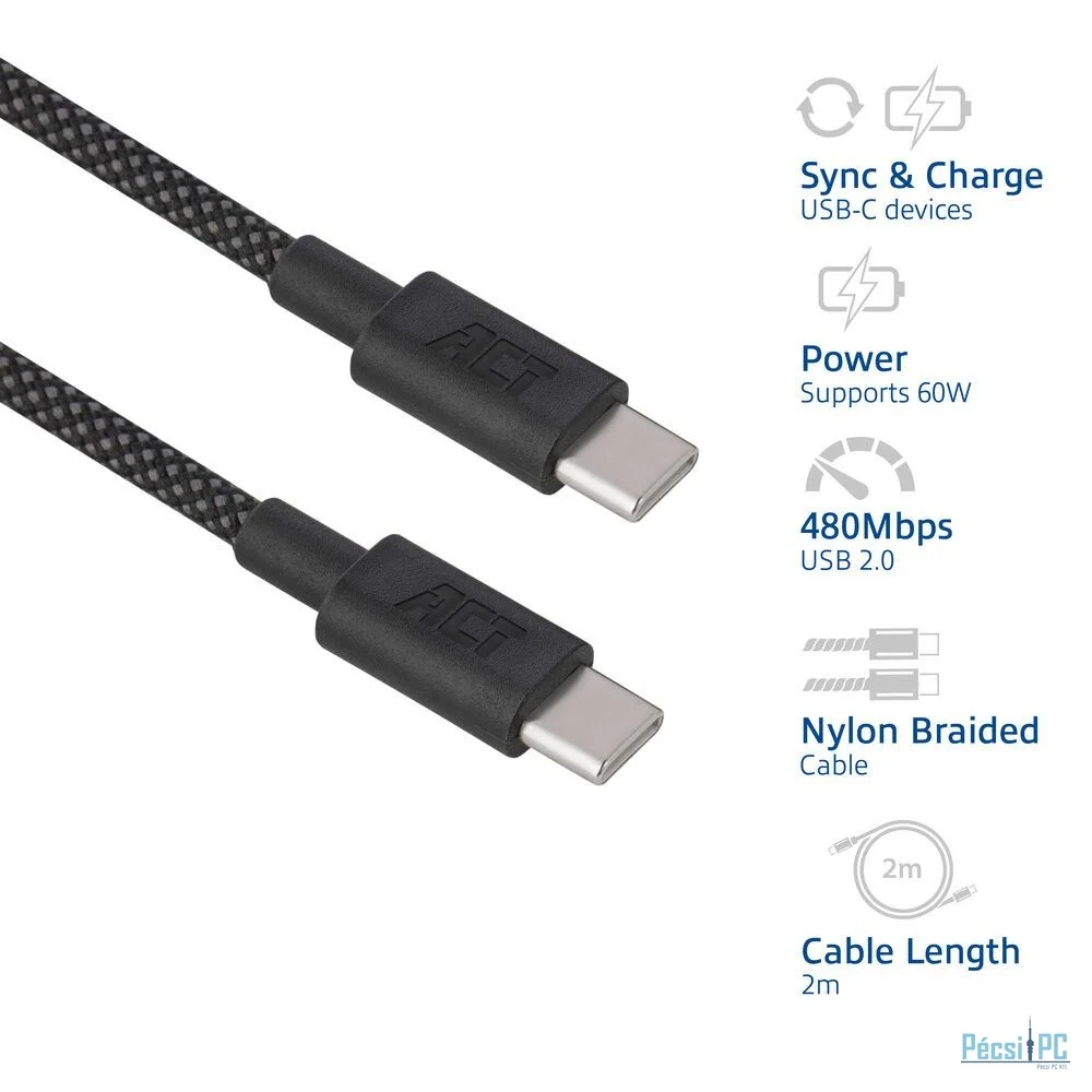 ACT USB 2.0 60W charging/data cable USB-C to USB-C 2m Black
