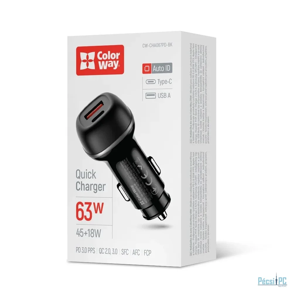 ColorWay Car Charger 2USB (Type-C PD45W + USB QC3.0 18W) 63W Black